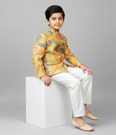 Green Leave Embroidered Gold Kurta With Beige Pant