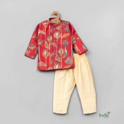 Multicolored Sequinced Red Kurta With Pant